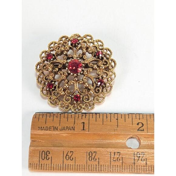 Lacey Goldtone Round Flower w Ruby Red Rhinestone Brooch Pin Earring Set J Jill - Picture 9 of 13